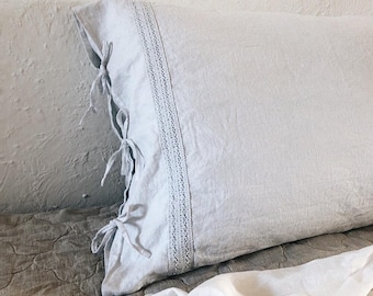 Linen Pillowcase with Tie Closure, Stonewashed Finish, All Sizes