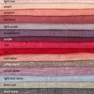 May include: A close-up of various fabric swatches in a range of colors, including light rose, peach, amaranth, red berry, light purple, purple berry, purple, rose, red, rose stone, coffee stone, purple stone, light blue stone, linen cool, and black stone.