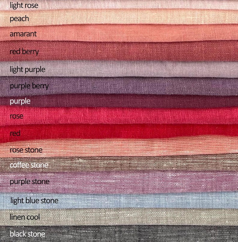 May include: A close-up of various fabric swatches in a range of colors, including light rose, peach, amaranth, red berry, light purple, purple berry, purple, rose, red, rose stone, coffee stone, purple stone, light blue stone, linen cool, and black stone.