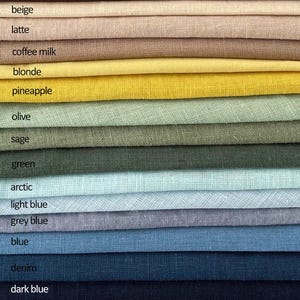 May include: A close-up of various fabric swatches in a range of colors. The colors include beige, latte, coffee milk, blonde, pineapple, olive, sage, green, arctic, light blue, grey blue, blue, denim, and dark blue.