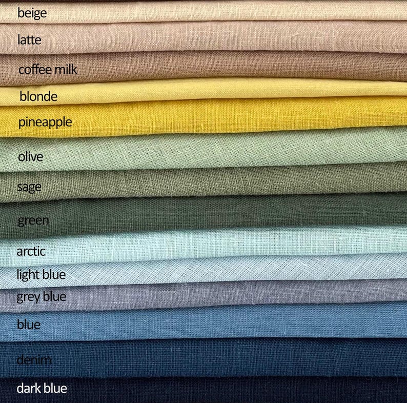 May include: A close-up of various fabric swatches in a range of colors. The colors include beige, latte, coffee milk, blonde, pineapple, olive, sage, green, arctic, light blue, grey blue, blue, denim, and dark blue.