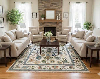 Ivory Floral Oushak Rug 8x10 | Handmade Wool For Living Dining Room