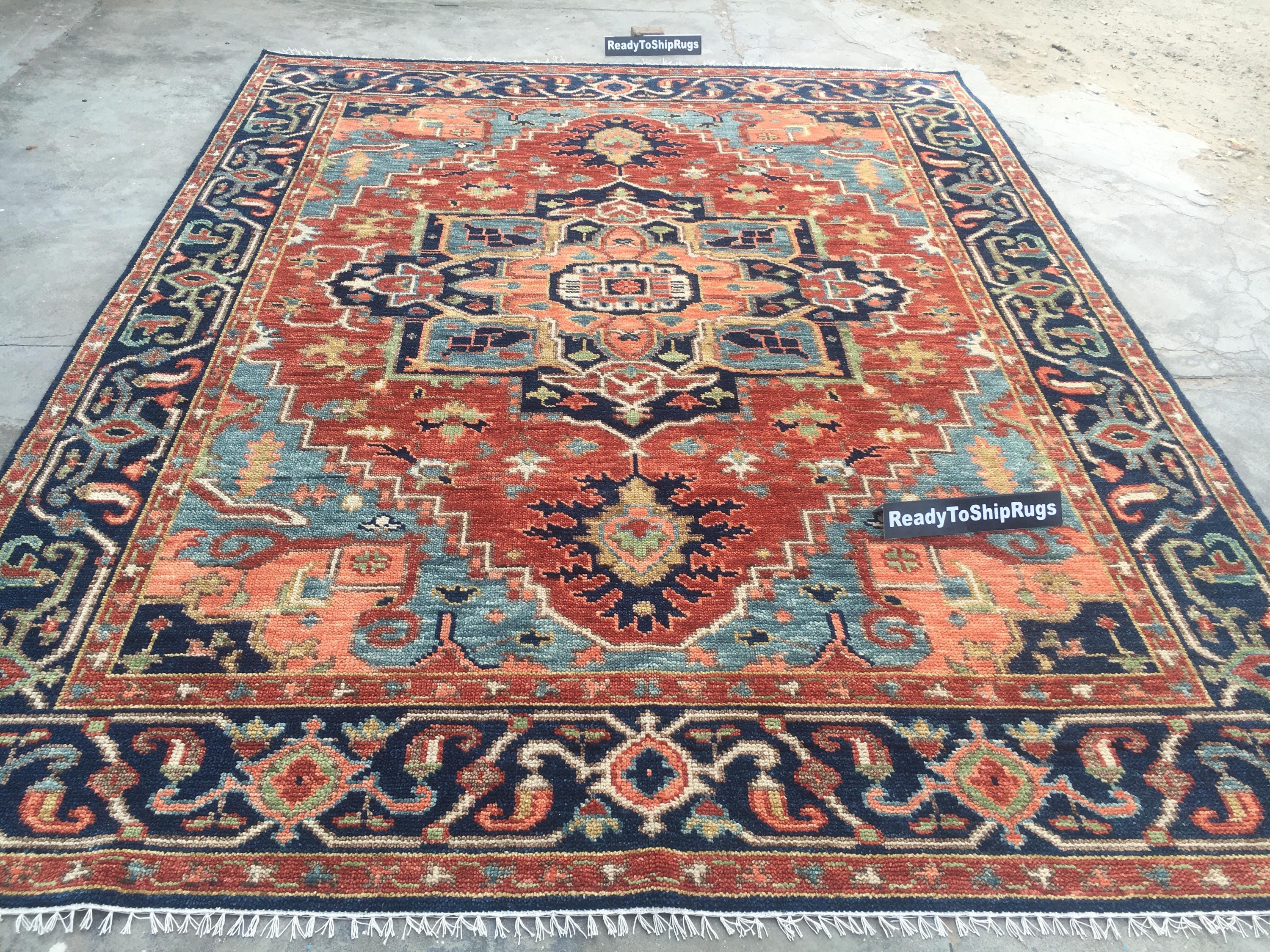Rust Blue Rug Geometric Pattern Rust Blue Heriz Rug – Hand-knotted Geometric Persian Style Area Rug ...