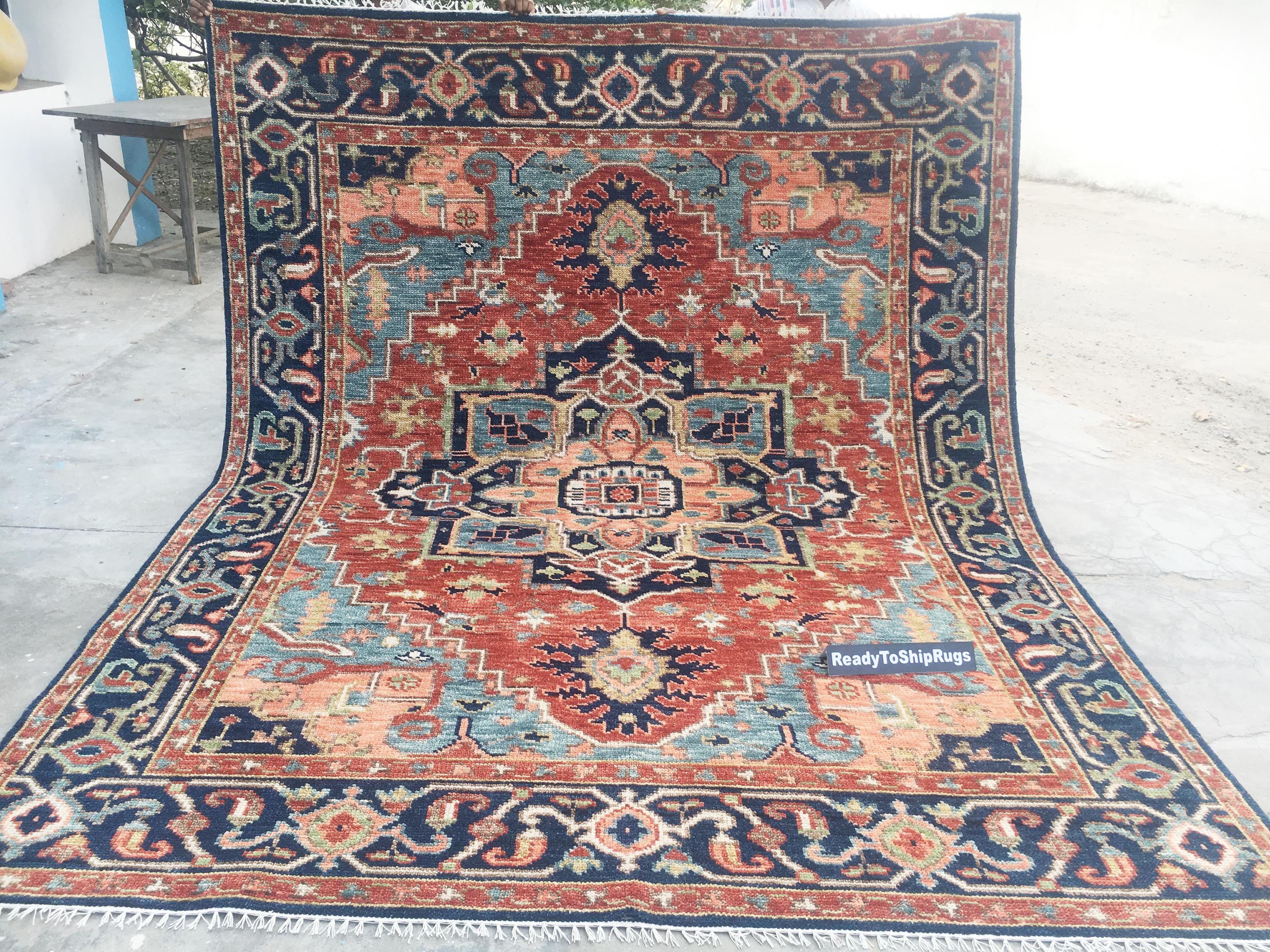 Rust Blue Rug Geometric Pattern Rust Blue Heriz Rug – Hand-knotted Geometric Persian Style Area Rug ...