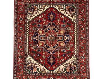 Red Navy Heriz Style Rug | Hand Knotted Wool Made to Order