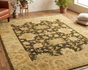 8x10 Hand-Knotted Olive Green Oushak Rug, Beige Wool Carpet, Neutral Traditional Living Decor