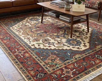 Serapi Area Rug-Handmade Wool – Blue & Red Persian Style – Large Living Room Floor Rug