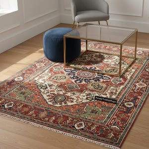 Beige Heriz Hand Knotted Rug | Rust Medallion Persian Style Vintage Rug |Made to Order image 17