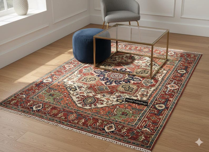 Beige Heriz Hand Knotted Rug | Rust Medallion Persian Style Vintage Rug |Made to Order image 17