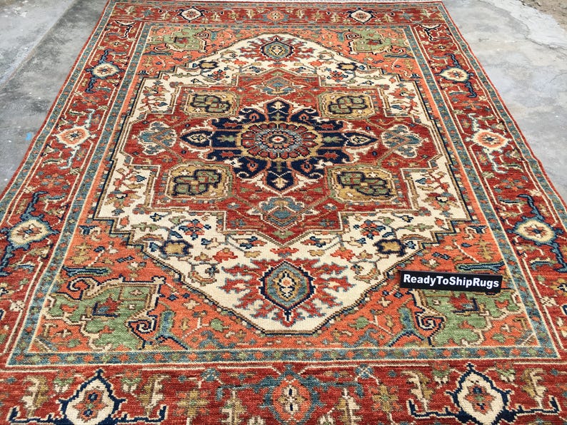 Beige Heriz Hand Knotted Rug | Rust Medallion Persian Style Vintage Rug |Made to Order image 6