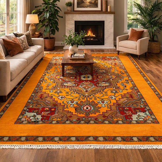 200x300 Goldener Medaillon Teppich | Handgeknüpfter Wollteppich zum Wohnen Esszimmer