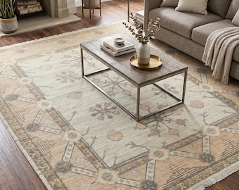 8x10 Hand-Knotted Beige Geometric Rug, Traditional Neutral Cream Wool Carpet, Luxury Decor