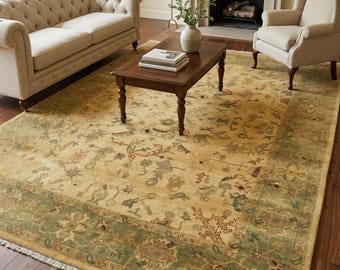 8x10 Oushak Rug – Handmade Wool Area – Gold Green Living Dining Carpet