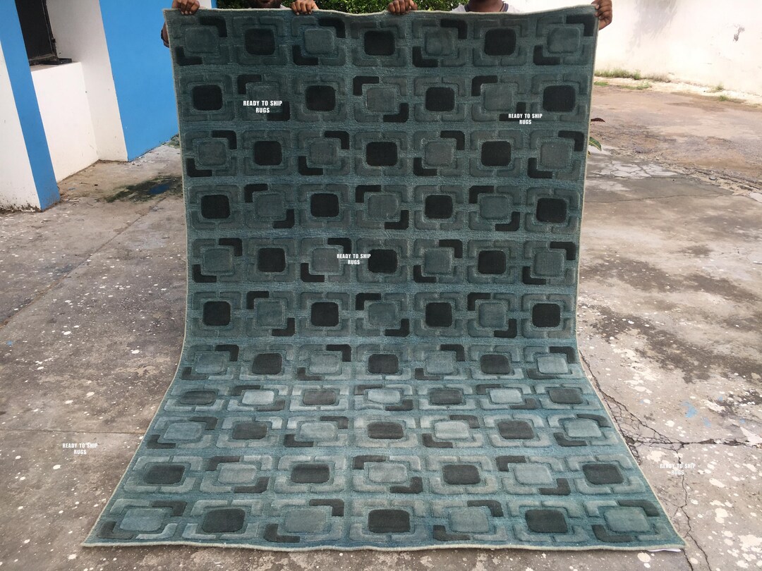 Handmade Wool Sumac Rug: Modern Geometric Blue Green Area Rug (5x8) - Etsy