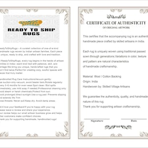 May include: Two framed documents. The left document reads "READY TO SHIP RUGS" and details rug care instructions. The right document is a certificate of authenticity for the rug, stating it is handmade in India.