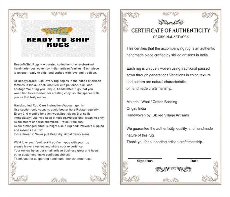May include: Two framed documents. The left document reads "READY TO SHIP RUGS" and details rug care instructions. The right document is a certificate of authenticity for the rug, stating it is handmade in India.