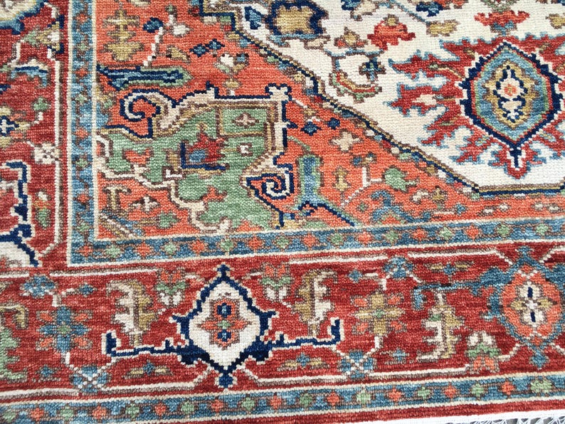 Beige Heriz Hand Knotted Rug | Rust Medallion Persian Style Vintage Rug |Made to Order image 11
