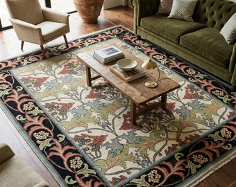 Hand Knotted Wool 8x10 Persian Style Area Rug Ivory Floral Rug