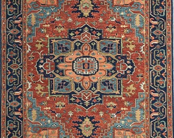 Rust Blue Heriz Rug – Hand-Knotted Geometric Persian Style Area Rug - Made to Order