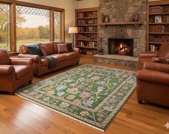 8x10 Green Floral Oushak Rug Hand Knotted Wool Rug