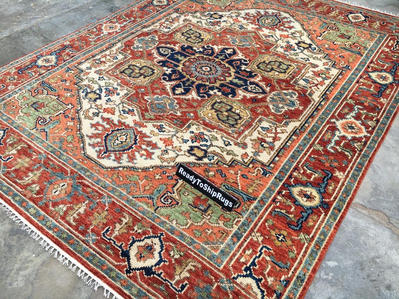 Beige Heriz Hand Knotted Rug | Rust Medallion Persian Style Vintage Rug |Made to Order image 13