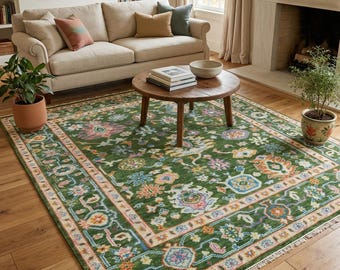 8x10 Oushak Rug – Handmade Wool Area – Green Floral Living Room Carpet