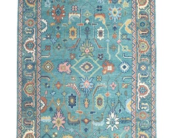 Turquoise Floral Hand Knotted Wool Area Rug Handcrafted to Order