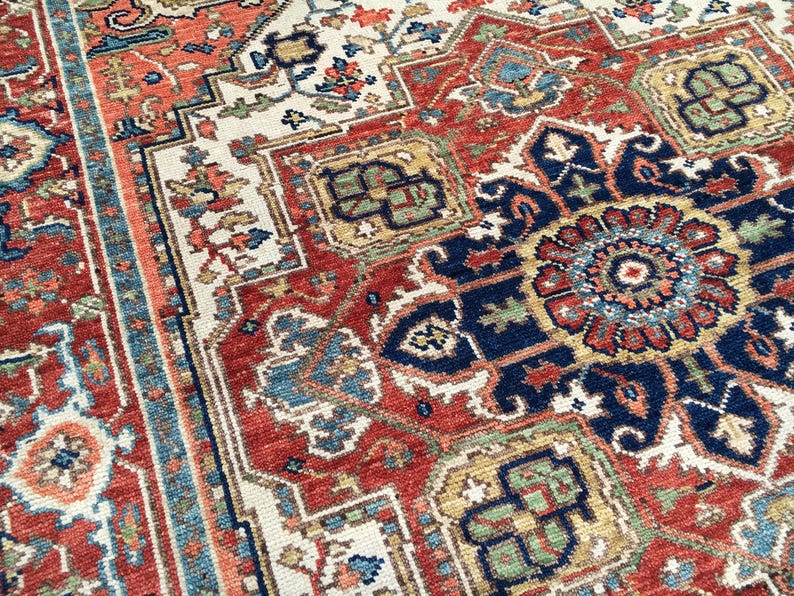 Beige Heriz Hand Knotted Rug | Rust Medallion Persian Style Vintage Rug |Made to Order image 10
