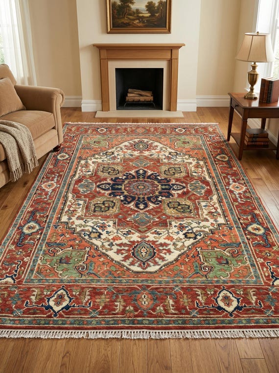 Beige Heriz Hand Knotted Rug | Rust Medallion Persian Style Vintage Rug |Made to Order