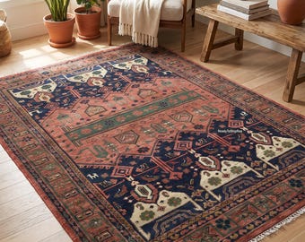 9x12 Hand-Knotted Navy Rust Tribal Rug, Traditional Geometric Wool Carpet, Luxury Decor