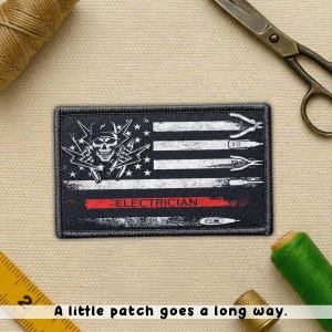 Electrician Flag Patch, Skull Embroidered Iron On Patch, Lineman Worker Patch Applique for Jacket Backpack Gift