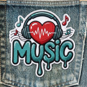 May include: Embroidered patch featuring a red heart with a white EKG line, surrounded by headphones and musical notes. The word "MUSIC" is in teal, dripping letters. The patch is on a denim background.