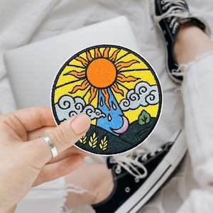 Colorful Sun and Moon Embroidered Patch, Fields and Mountains, Boho Cosmic Sky Iron On Patch for Jackets, Backpacks, Jeans, Hats, DIY Decor