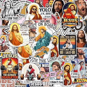 May include: A collection of colorful stickers featuring images of Jesus in various poses and styles. Some stickers include text like "Jesus Has Your Back," "YOLO - Jesus," and "The Ultimate Deadlifter." The stickers are a mix of cartoon and realistic illustrations.