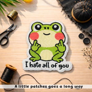 May include: Embroidered patch featuring a green frog with red cheeks, giving the middle finger. The patch has the text "I hate all of you" and the phrase "A little patches goes a long way".