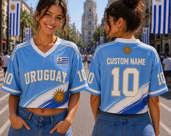 Personalized Uruguay Soccer Crop Top Jersey, Custom Name Number Football Shirt, Women Soccer Fan Gift, Uruguay Supporter Outfit