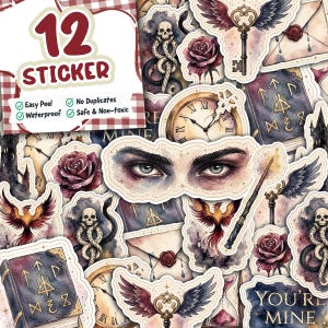 May include: A collection of 12 stickers with a gothic theme. The stickers feature images of eyes, roses, keys, clocks, phoenixes, skulls, and books. The stickers are labeled "Easy Peel", "Waterproof", "No Duplicates", and "Safe & Non-toxic".