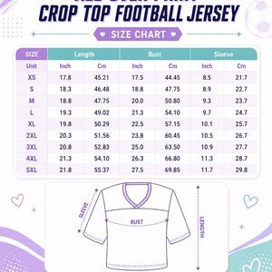 The image is a size chart for a crop top football jersey, providing measurements for different units such as XS, S, M, L, XL, 2XL, and 3XL. The chart includes a diagram of the jersey to help visualize the measurements.