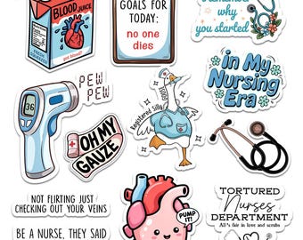 COMBO 12 PCS Funny Healthcare Sticker Pack – Nurse, Medical Humor, Waterproof Decals