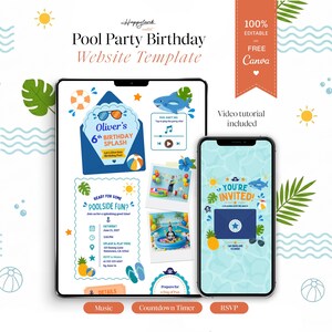 May include: A digital pool party birthday website template displayed on a tablet and smartphone. The design features blue, yellow, and green tropical graphics, including palm leaves, suns, and beach balls, with text reading Pool Party Birthday.