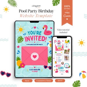 May include: A digital pool party birthday website template displayed on a tablet and smartphone. The tablet shows a pink envelope with a heart, the words "You're Invited!", and a flamingo. The phone displays party details.