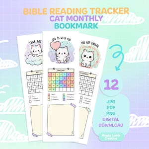 Bible reading tracker cat bookmark daily bible reading log tracker bible study bookmark reading journal scripture bookmark bundle printable