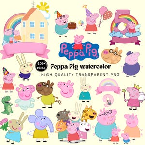 May include: A collection of Peppa Pig watercolour illustrations featuring various characters, a house, a rainbow, a number five, and the Peppa Pig logo. The set includes over 100 PNG files with transparent backgrounds, showcasing colourful cartoon figures.