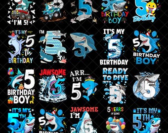 5th Birthday Shark PNG Bundle, Baby Shark Party Digital Download, Jawsome Shirt Design, Ocean Animals Clipart