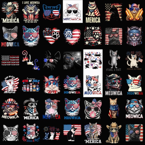 4th of July Cat PNG Bundle Meowica Patriotic Cat USA Flag Funny Independence Day Shirt Sublimation PNG Download