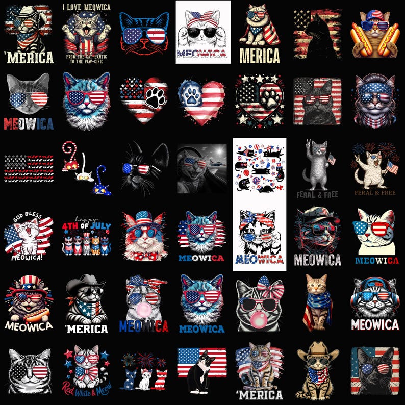 May include: A collection of cat-themed designs with patriotic themes. Cats are depicted wearing sunglasses, bandanas, and hats, with American flag motifs. Text includes "Meowica," "4th of July," and "Feral & Free."