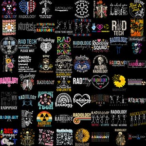 Pode incluir: Uma coleção de designs com tema de radiologia em um fundo preto. Os designs incluem texto, esqueletos, símbolos médicos e elementos florais. A palavra "Radiology" é apresentada em vários estilos, adequada para roupas e acessórios.