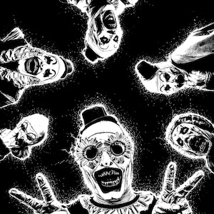 May include: A high-contrast black and white graphic illustration featuring five clown figures. The central clown wears flower-shaped sunglasses and makes a peace sign with both hands. Four other clown faces surround the center in a circular pattern.