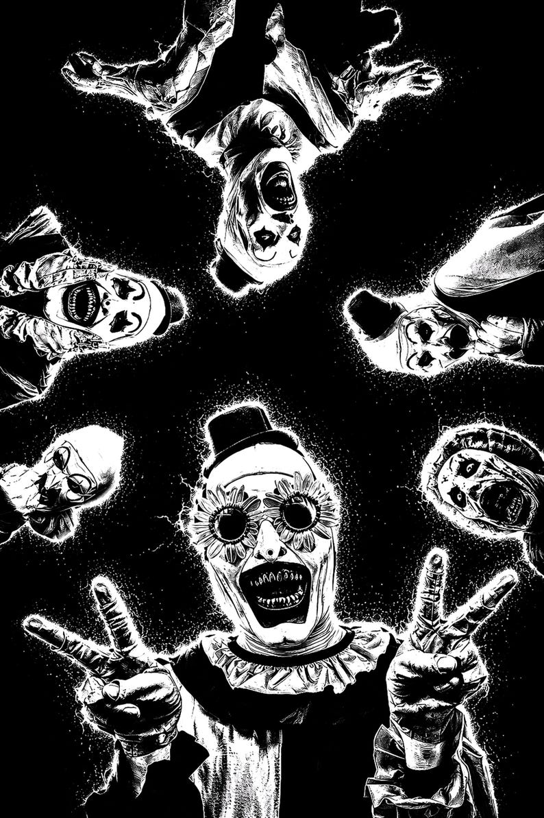 May include: A high-contrast black and white graphic illustration featuring five clown figures. The central clown wears flower-shaped sunglasses and makes a peace sign with both hands. Four other clown faces surround the center in a circular pattern.