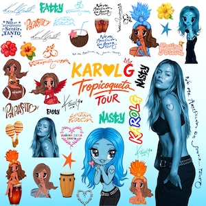 May include: A collection of Karol G Tropicoqueta Tour stickers featuring cartoon characters, tropical icons like coconuts, maracas, and conga drums, text including "Latina Forever," "Nasty," and "Mañana Será Bonito," and photographic portraits of the artist.